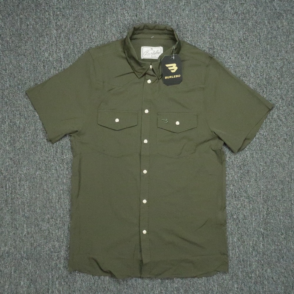 Burlebo Shirt Mens Small Olive Green Short Sleeve Performance Western Pearl Snap